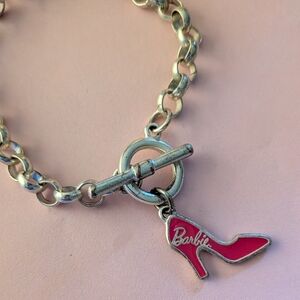 Vintage Barbie Links Stainless Silver Bracelet with Hot Pink Shoe Charm Like New